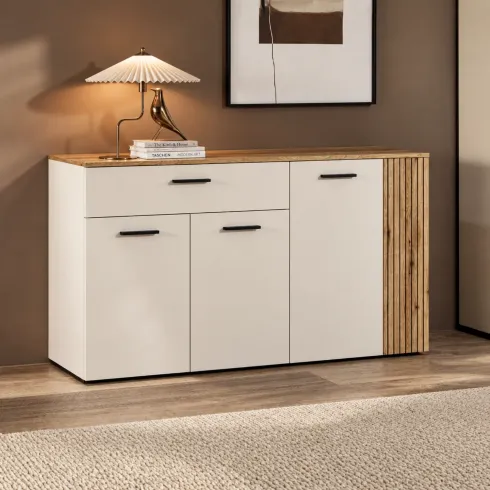 Credenza da Soggiorno 4 Ante Beige Listelli Rovere Anta Reversibile