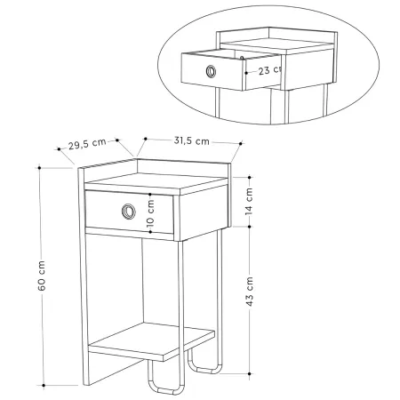 Comodino Camera da Letto con Cassetto Ripiano Tortora Gamba Nero