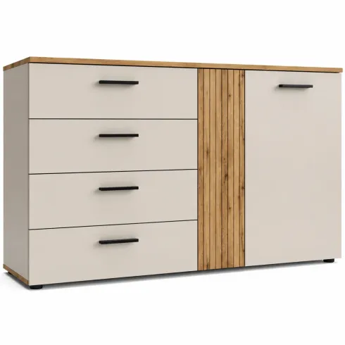 Credenza 2 Ante 4 Cassetti Beige con Listelli Rovere da Soggiorno
