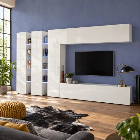 Parete Attrezzata Soggiorno 340 cm Armadio Porta TV Pensile Bianco
