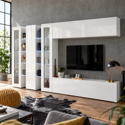 Parete Attrezzata Soggiorno 340 cm Vetrine Porta TV Bianco Lucido