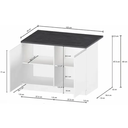Isola per Cucina Moderna 2 Ante Bianco Lucido Piano Grigio 125x90 cm