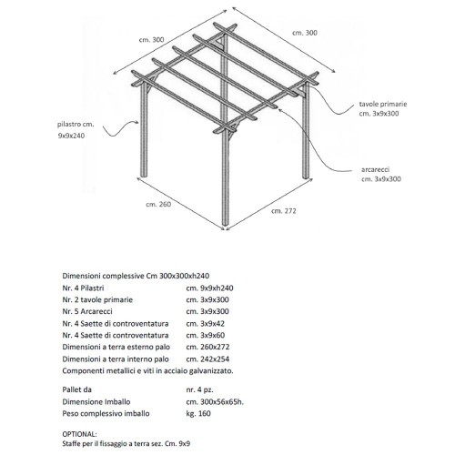 Pergola in Legno 3x3 Gazebo da Giardino Tettoia Pergolato Copertura Carport Auto
