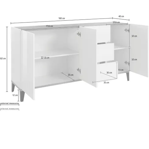 Credenza 160 cm Bianco Grigio Madia da Soggiorno 3 Ante 3 Cassetti