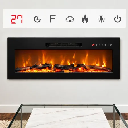 Camino Elettrico da Parete in Acciaio Vetro Nero Fiamma LED 2 kW
