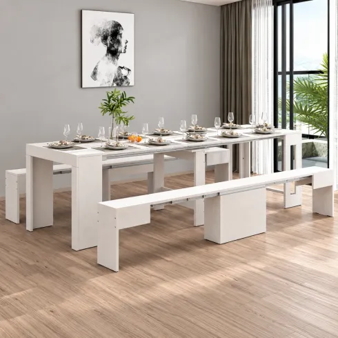 Set 2 Panche Allungabili da Pranzo 66-290 cm Bianco Larice Salvaspazio