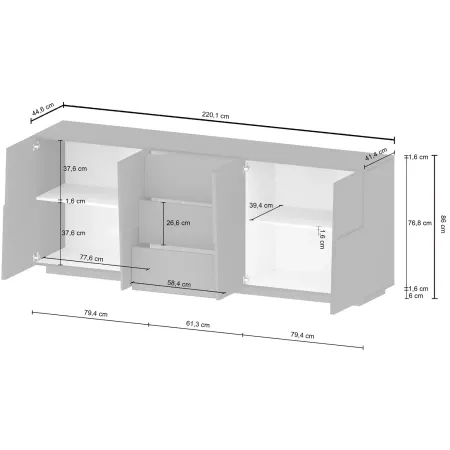 Madia 220 cm Credenza 4 Ante 4 Cassetti Grigio Antracite da Soggiorno