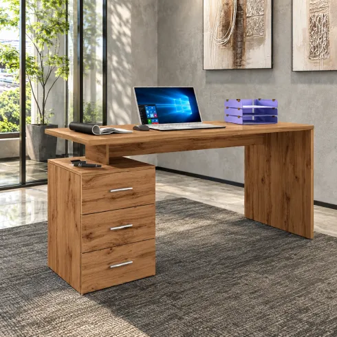 Scrivania da Ufficio 160x60 cm con 3 Cassetti Marrone Effetto Rovere