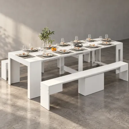 Set 2 Panche Allungabili Sovrapponibili Bianco 66-290 cm da Pranzo