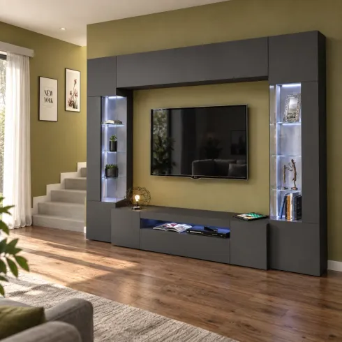 Parete Attrezzata Soggiorno Mobile TV Vetrine Grigio Antracite 290 cm