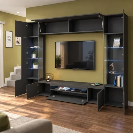 Parete Attrezzata Soggiorno Mobile TV Vetrine Grigio Antracite 290 cm