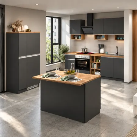 Isola Cucina Centrale Antracite Piano Appoggio Effetto Rovere 125 cm