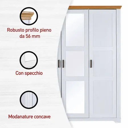 Armadio Camera da Letto 3 Ante Legno Bianco Effetto Rovere con Specchi