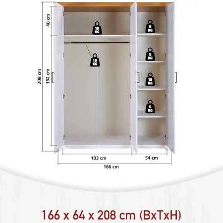 Armadio Camera da Letto 3 Ante Legno Bianco Effetto Rovere con Specchi