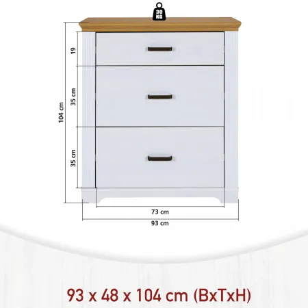 Cassettiera Camera da Letto in Legno Bianco Rovere Mobile 3 Cassetti