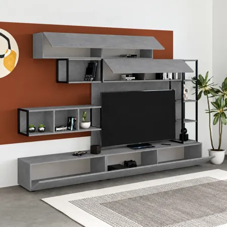 Mobile TV da Soggiorno Parete Attrezzata 260 cm Grigio Pensili Librerie