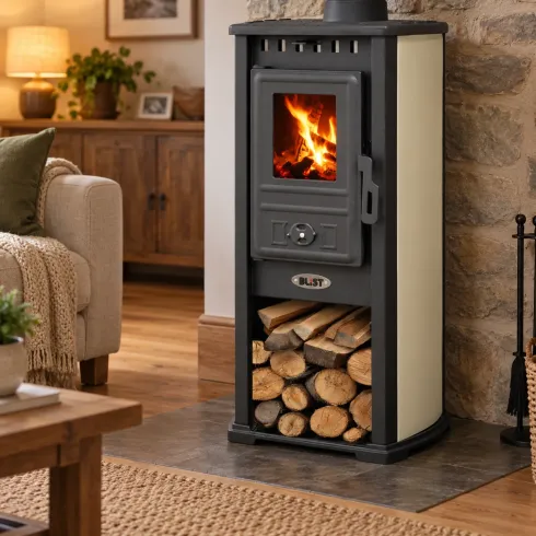 Stufa a Legna 7 kW Beige Acciaio Ghisa Classe A+ Portalegna da Interno