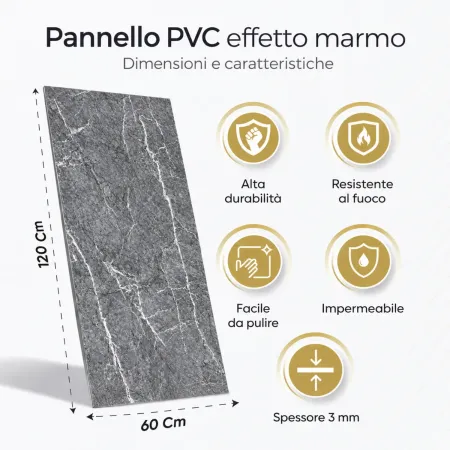 6 Pannelli Murali PVC Effetto Marmo Grigio Impermeabili 120x60 cm