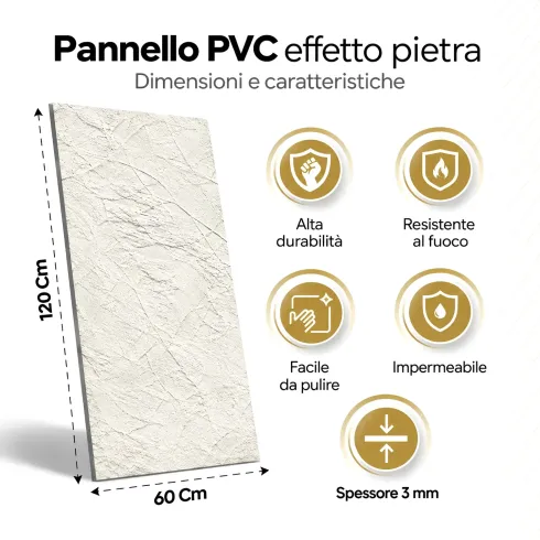 Pannelli Murali PVC Effetto Pietra Bianco Leccese 6 Pezzi 120x60 cm