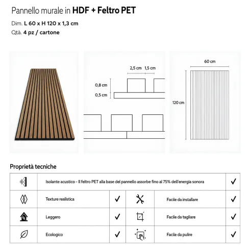 Set 4 Pannelli Acustici a Doghe Effetto Rovere HDF Feltro 120x60 cm
