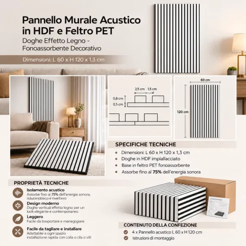 Set 4 Pannelli Acustici a Doghe Bianco in HDF Feltro 120x60 cm