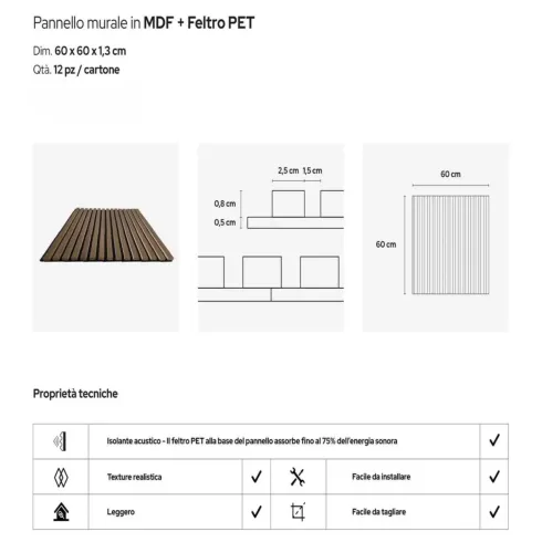12 Pannelli Acustici a Doghe Effetto Legno Teak MDF Feltro 60x60 cm